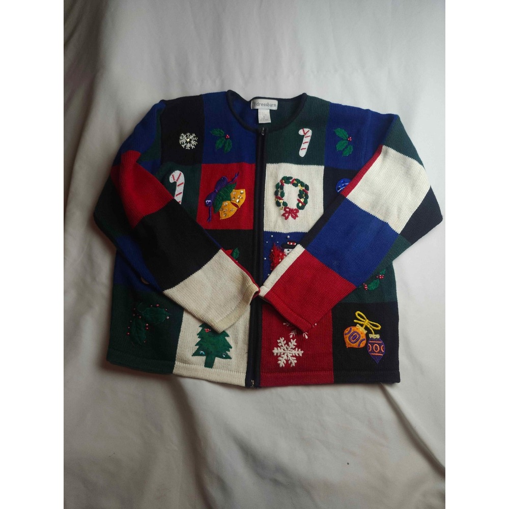 Dressbarn Vintage Christmas Cardigan Sweater Zip Front Patchwork Snowman XL